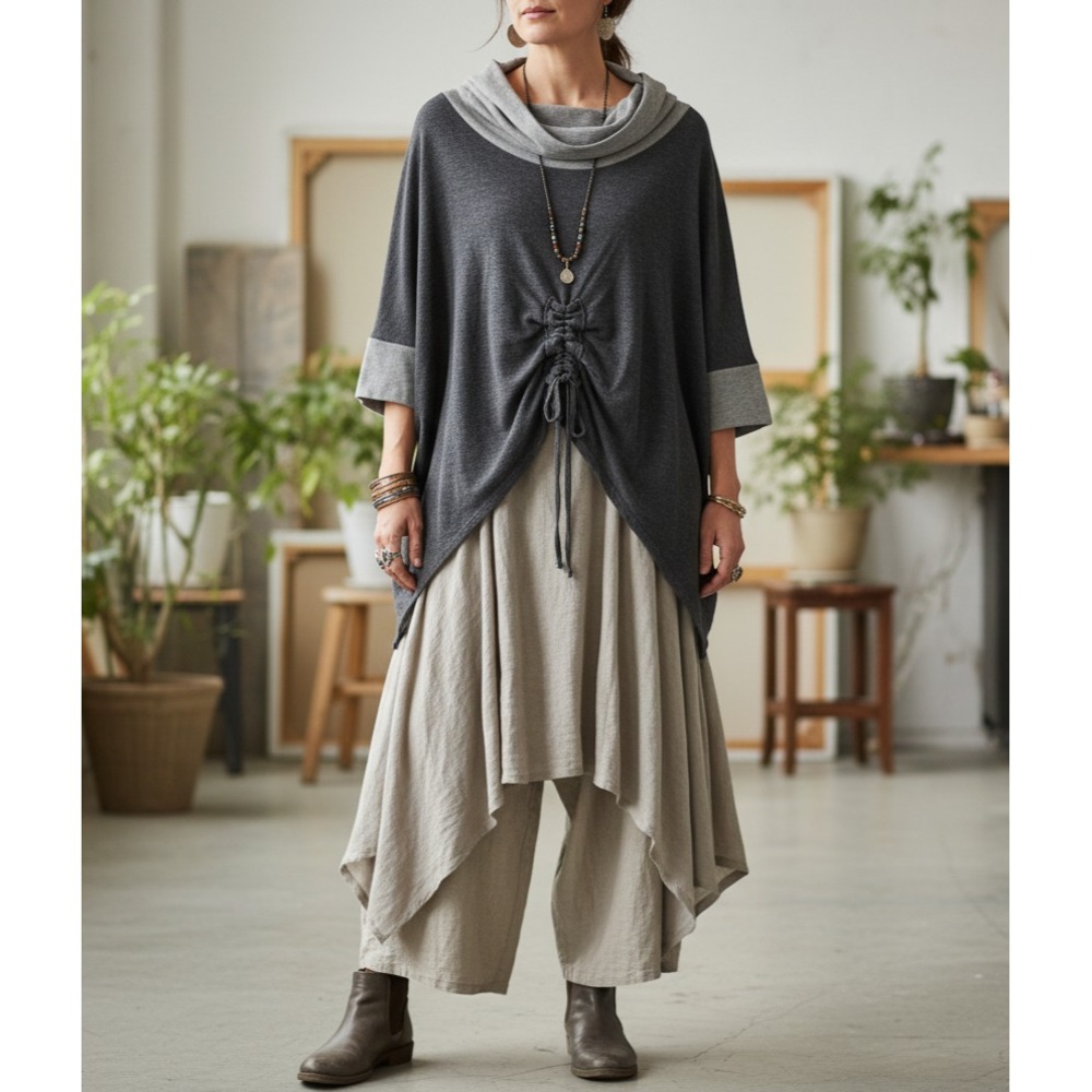 Cozy Drawstring Cowl Neck Sweater - Charcoal and Light Gray